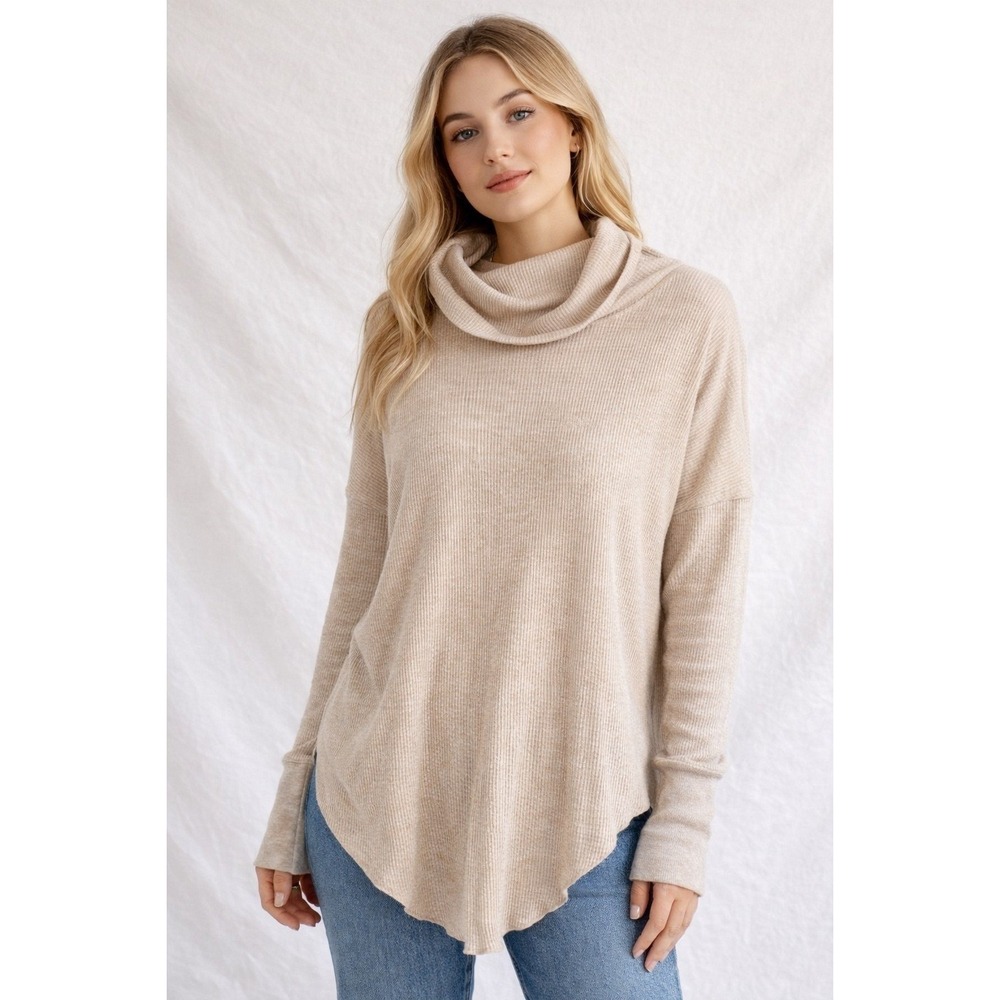 The Group by Babaton Aritzia Waffle Knit Cowl Neck Thermal Top Beige Small